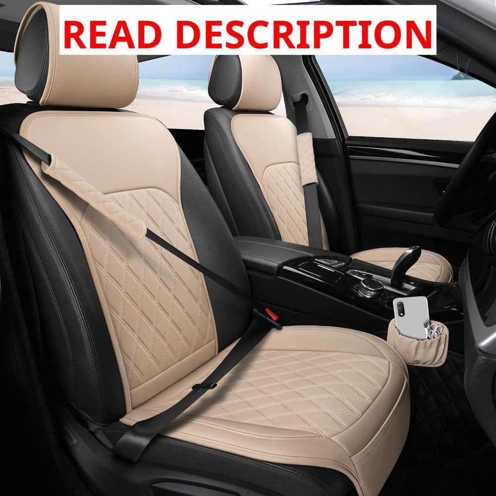 Leather Front Seat Covers with Pocket (Beige)
