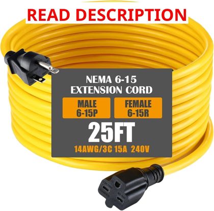 Tellegloww 25ft NEMA 6-15 Cord 6-15P/R