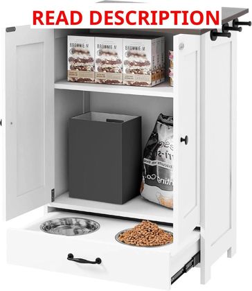 Pet Feeding Station: 2 Bowls White Storage
