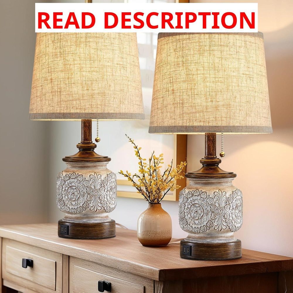 Farmhouse Bedside Lamps Set of 2 with USB