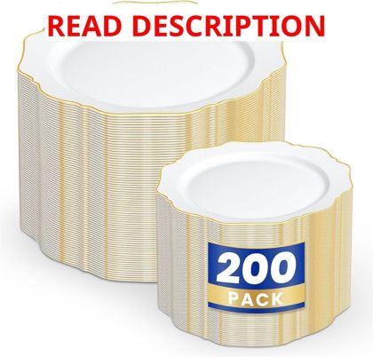 WDF 200Pcs White/Gold Plates: Dinner & Dessert