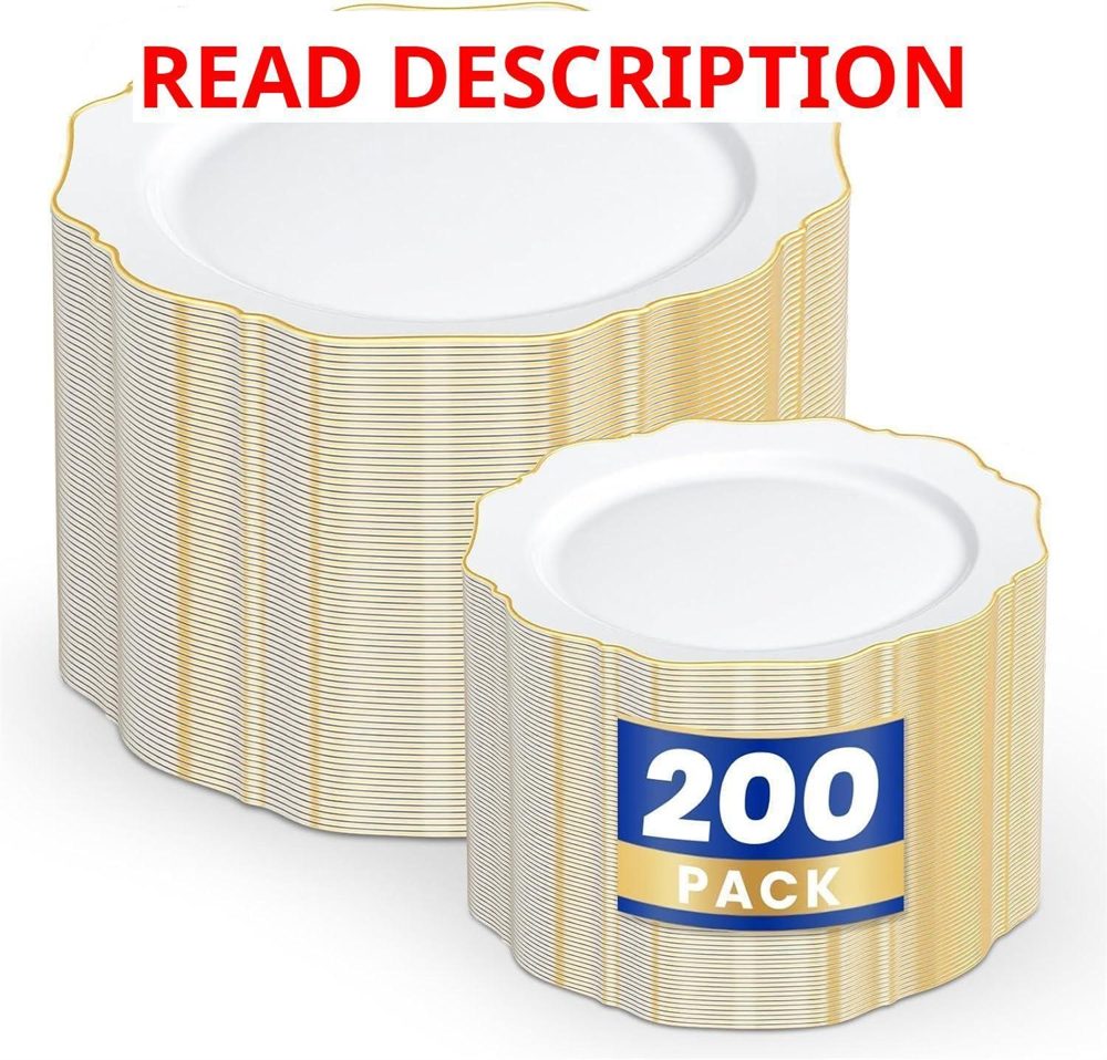 WDF 200Pcs White/Gold Plates: Dinner & Dessert