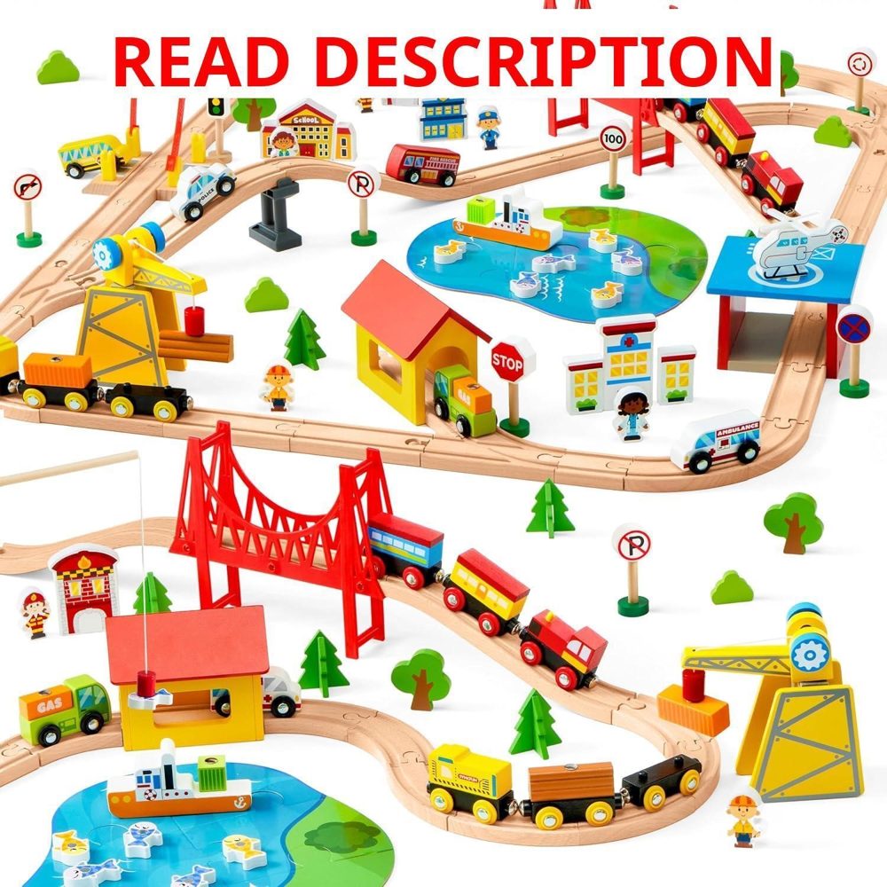Wooden Train Set with Tracks 110pcs Gift