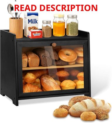 Black Double Layer Bread Box with Glass Window