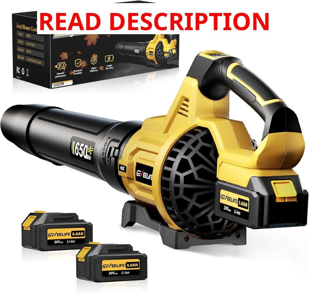 GEVEELIFE Cordless Leaf Blower 650CFM 2x5Ah