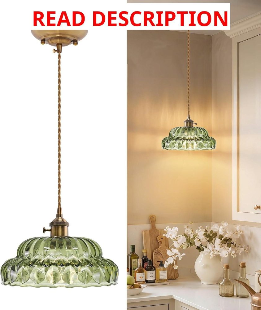 Vintage Green Glass Pendant Light Hardwired
