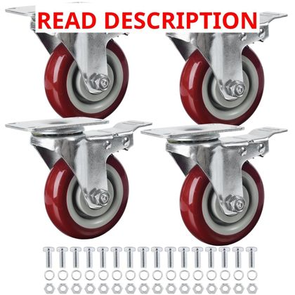 Finnhomy 4" Caster Set w/ Brake 2600 Lb PU Red