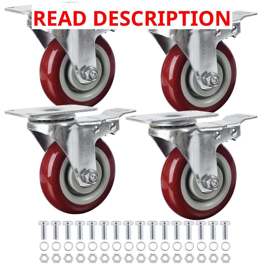 Finnhomy 4" Caster Set w/ Brake 2600 Lb PU Red