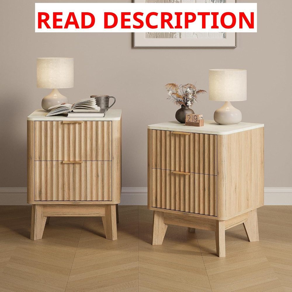 Fluted Nightstand Set of 2 with Faux Marble