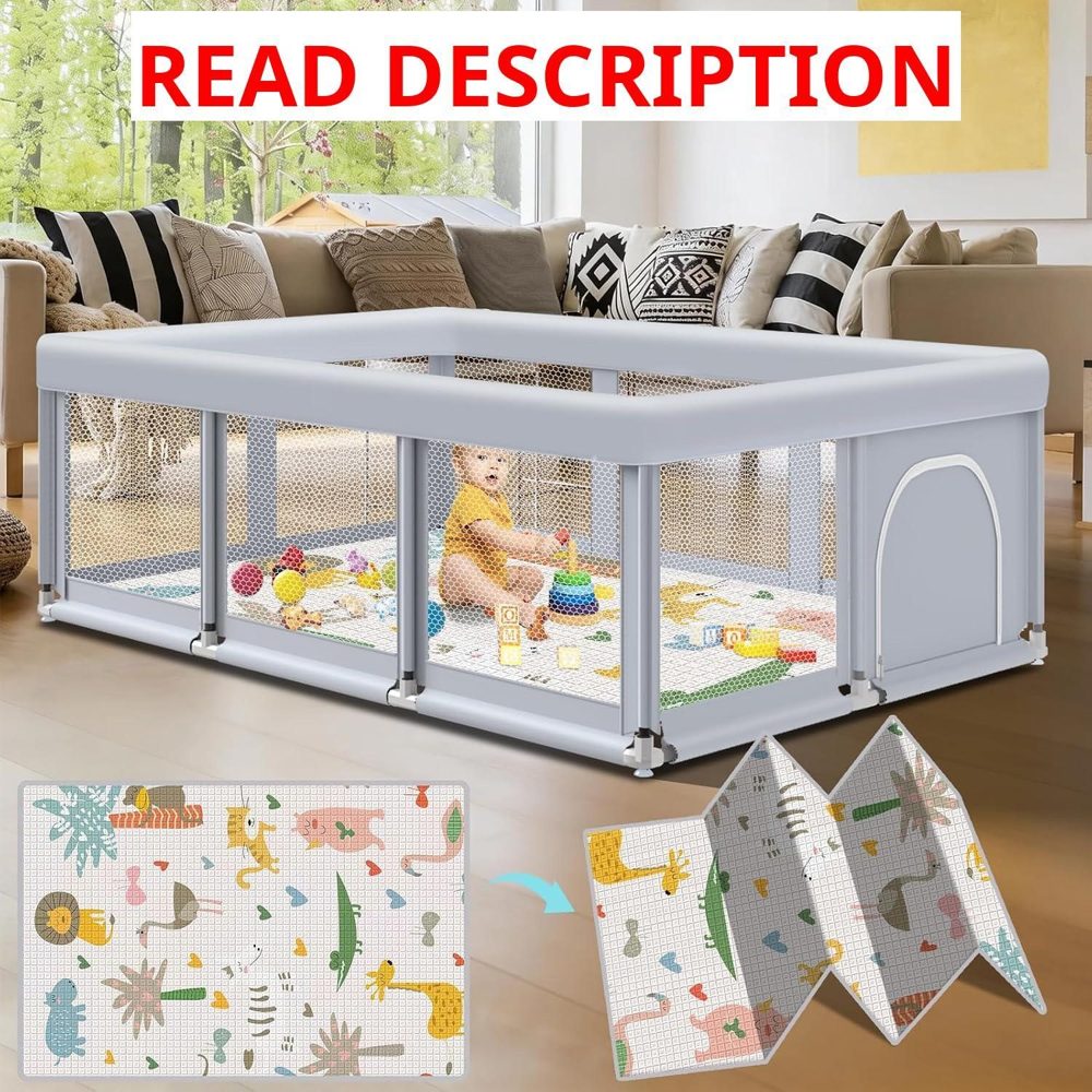 Fshibila 74" 50" Baby Playpen with MAT Grey