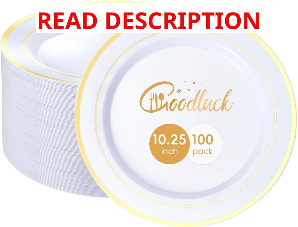 100 Pack 10.25" Gold Rim Plastic Plates