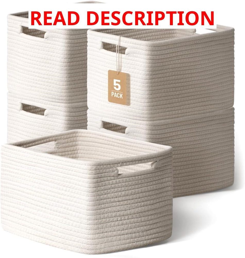 5 Pack Woven Storage Baskets | White
