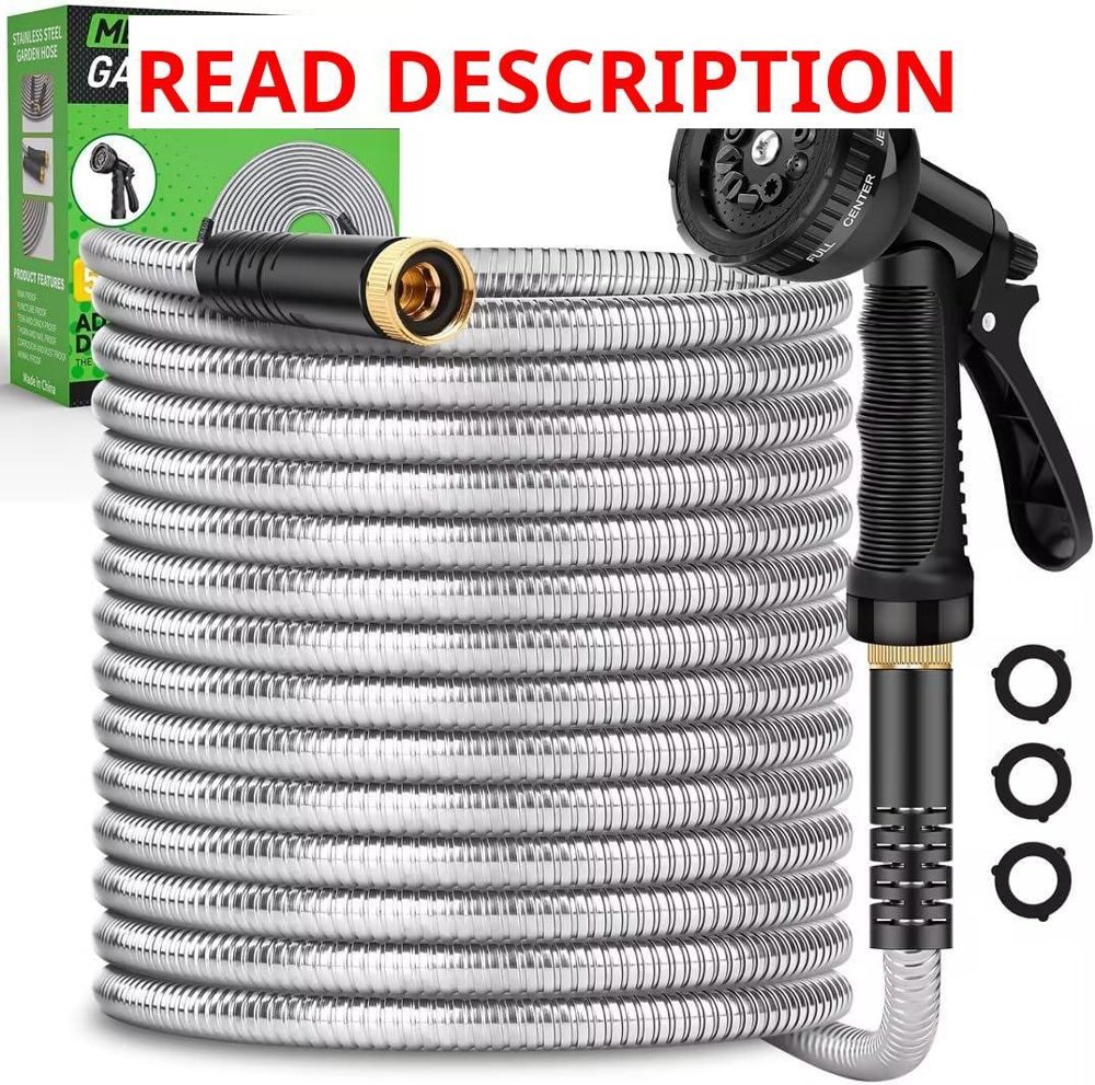Garden Hose 50ft: Stainless Steel 10 Nozzles