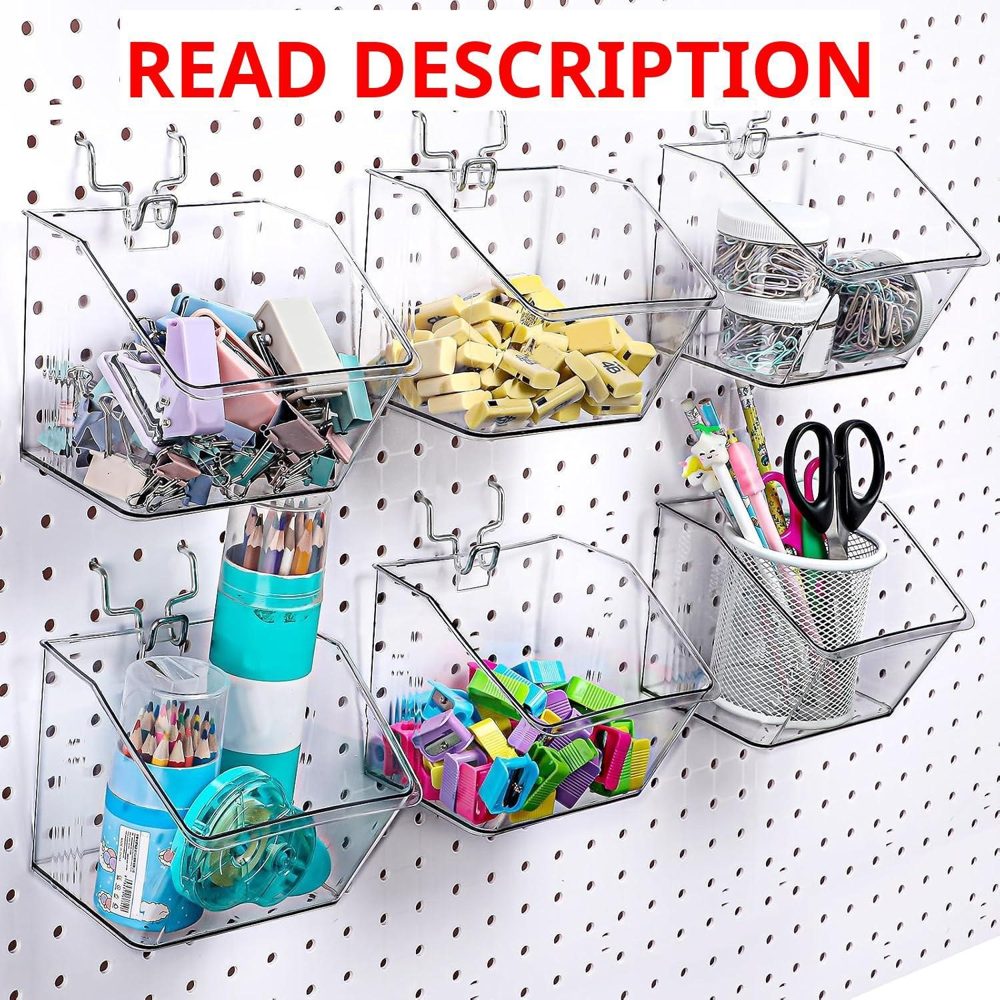 Suzile 6 Pcs Pegboard Bins with Hooks (Clear)