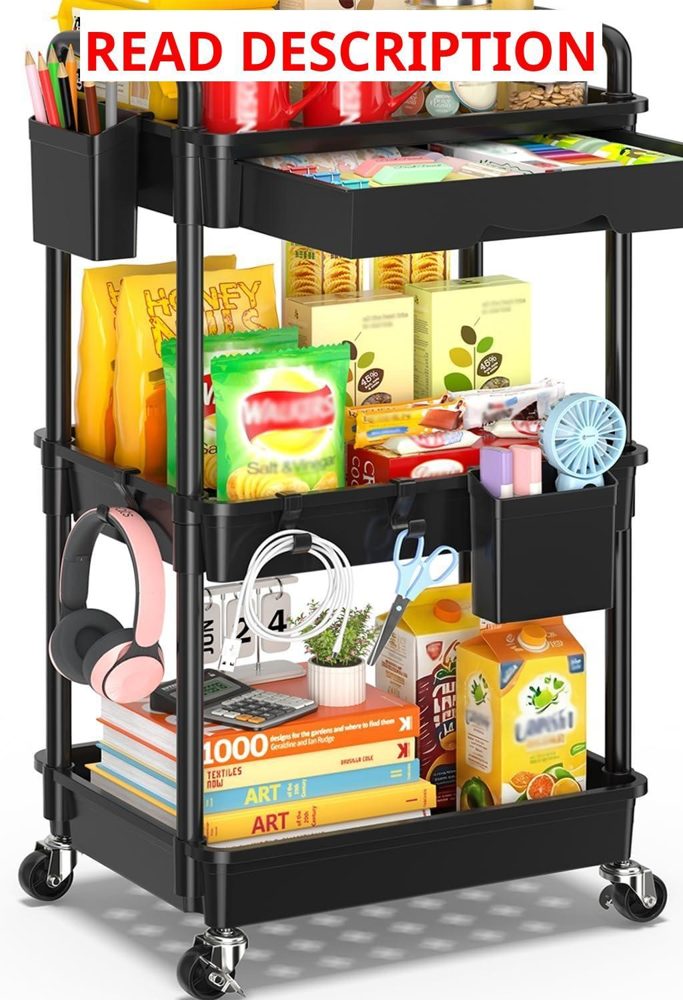 SUNALLY 3-Tier Rolling Cart with Drawer Black