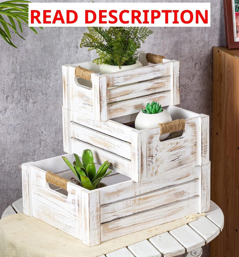 TIMRIS 3 Rustic Wood Nesting Crates w/ Handles