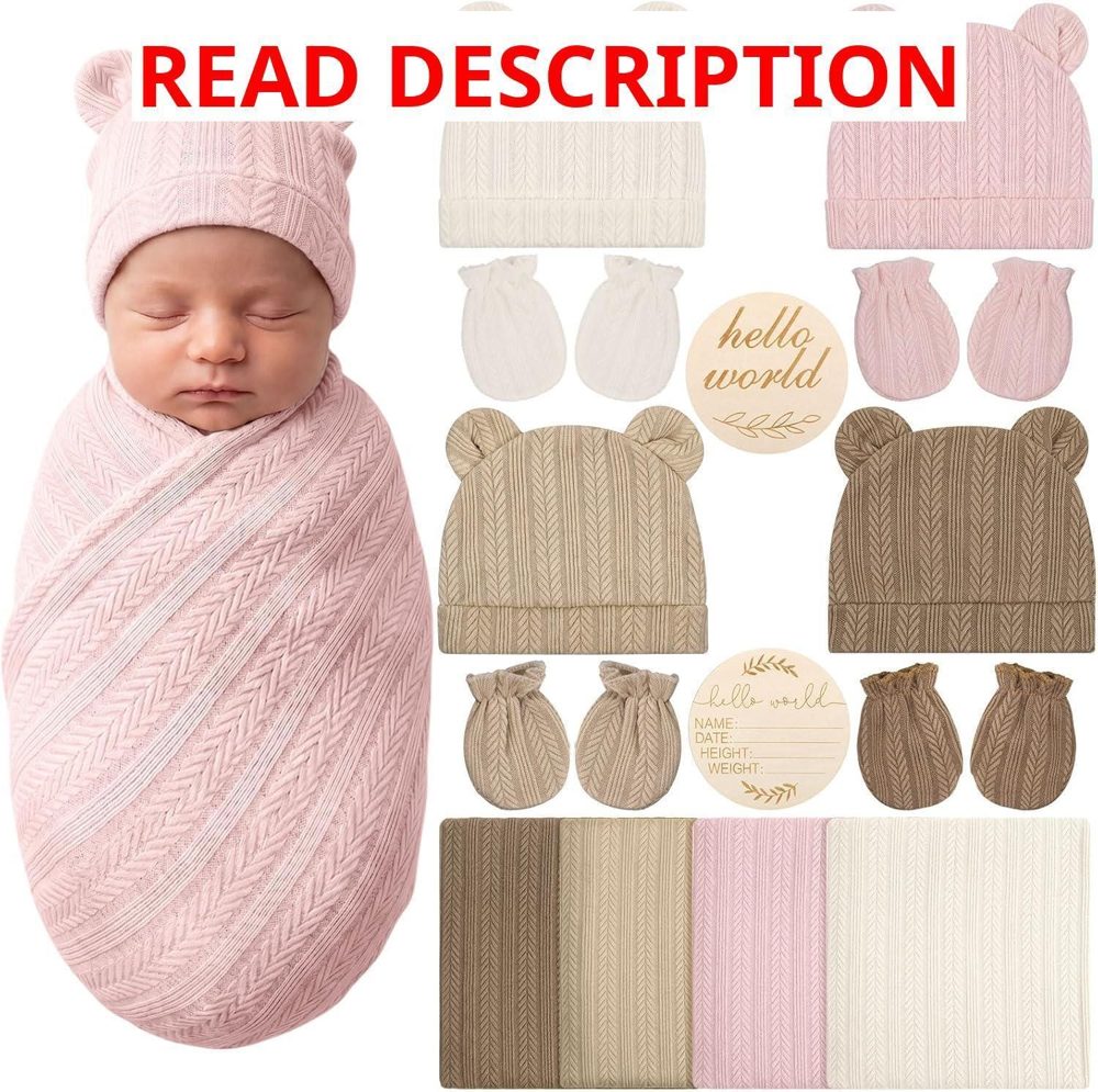 4 Pcs Pink Baby Swaddle Set Hat Mittens