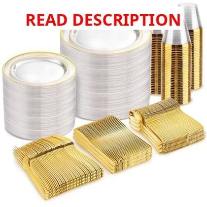 bUCLA 600PCS Clear Plates with Gold Trim Set