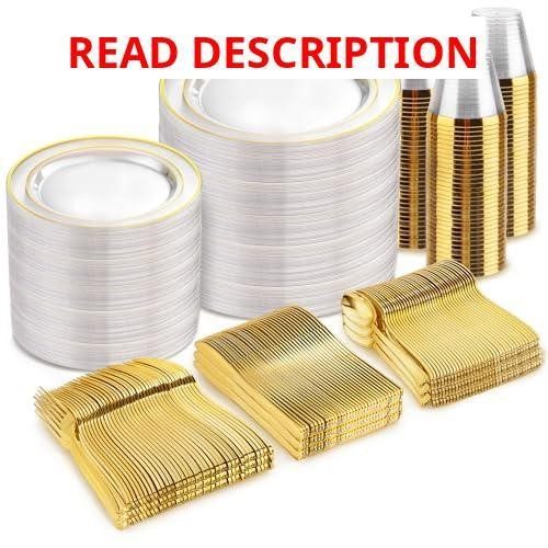 bUCLA 600PCS Clear Plates with Gold Trim Set