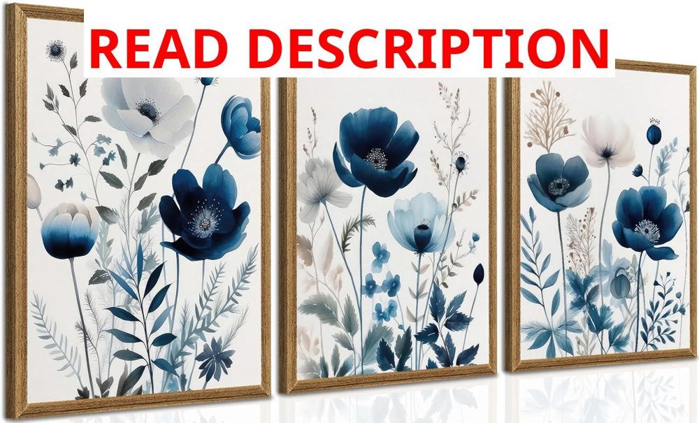 DUWQU Triptych Navy Floral Wall Art 12x16 x3