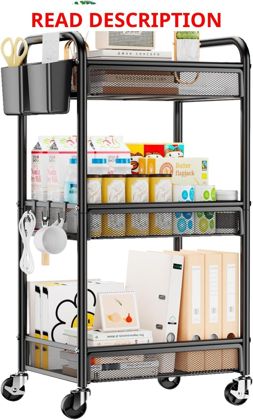 YASONIC 3-Tier Metal Rolling Cart Black
