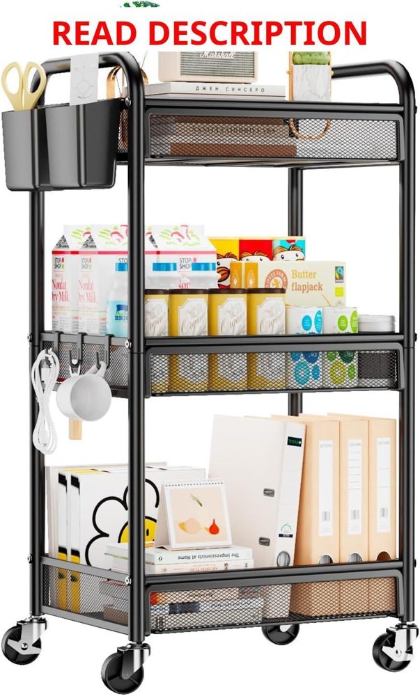 YASONIC 3-Tier Metal Rolling Cart Black