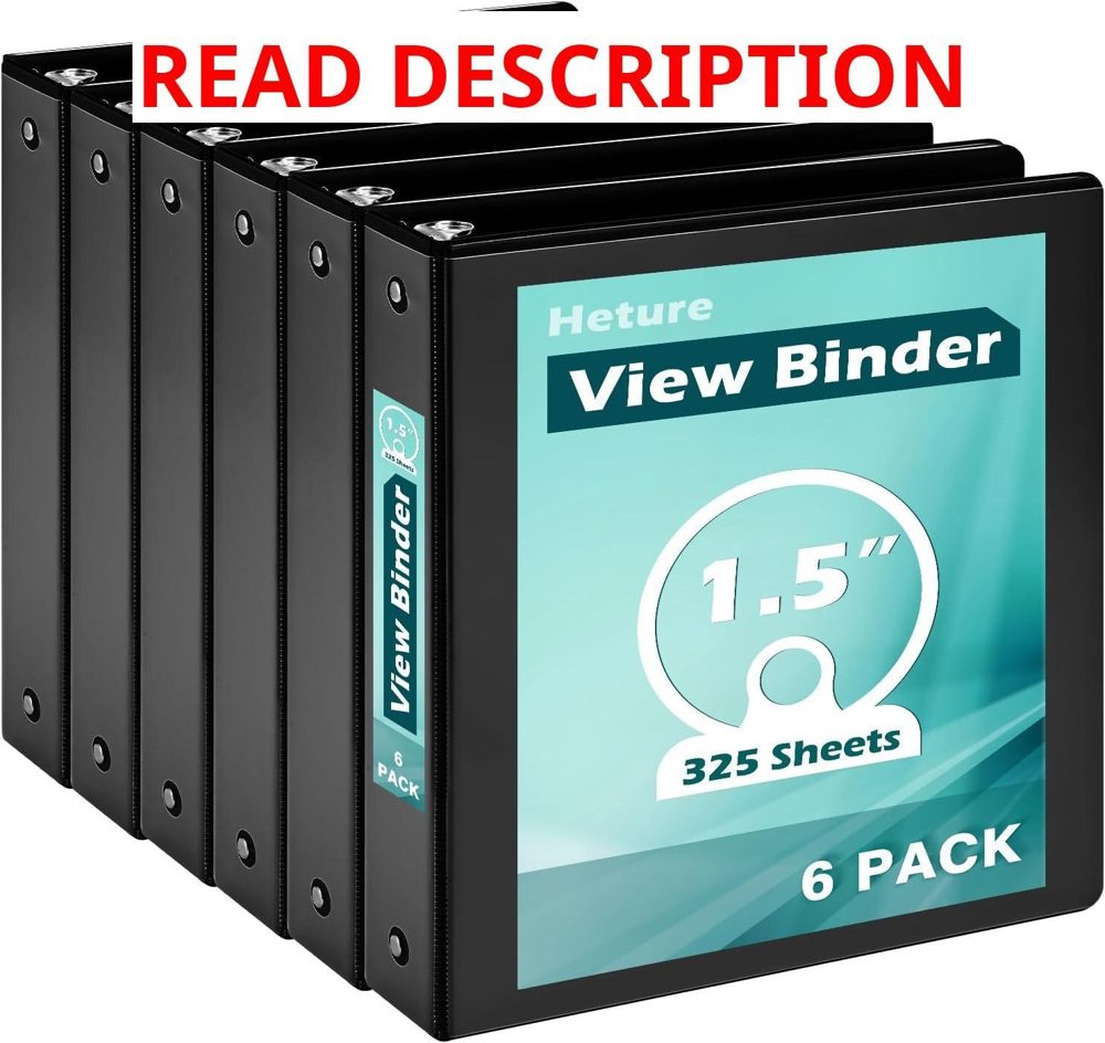 Heture 1.5" 3 Ring Binder 6 Pack Black