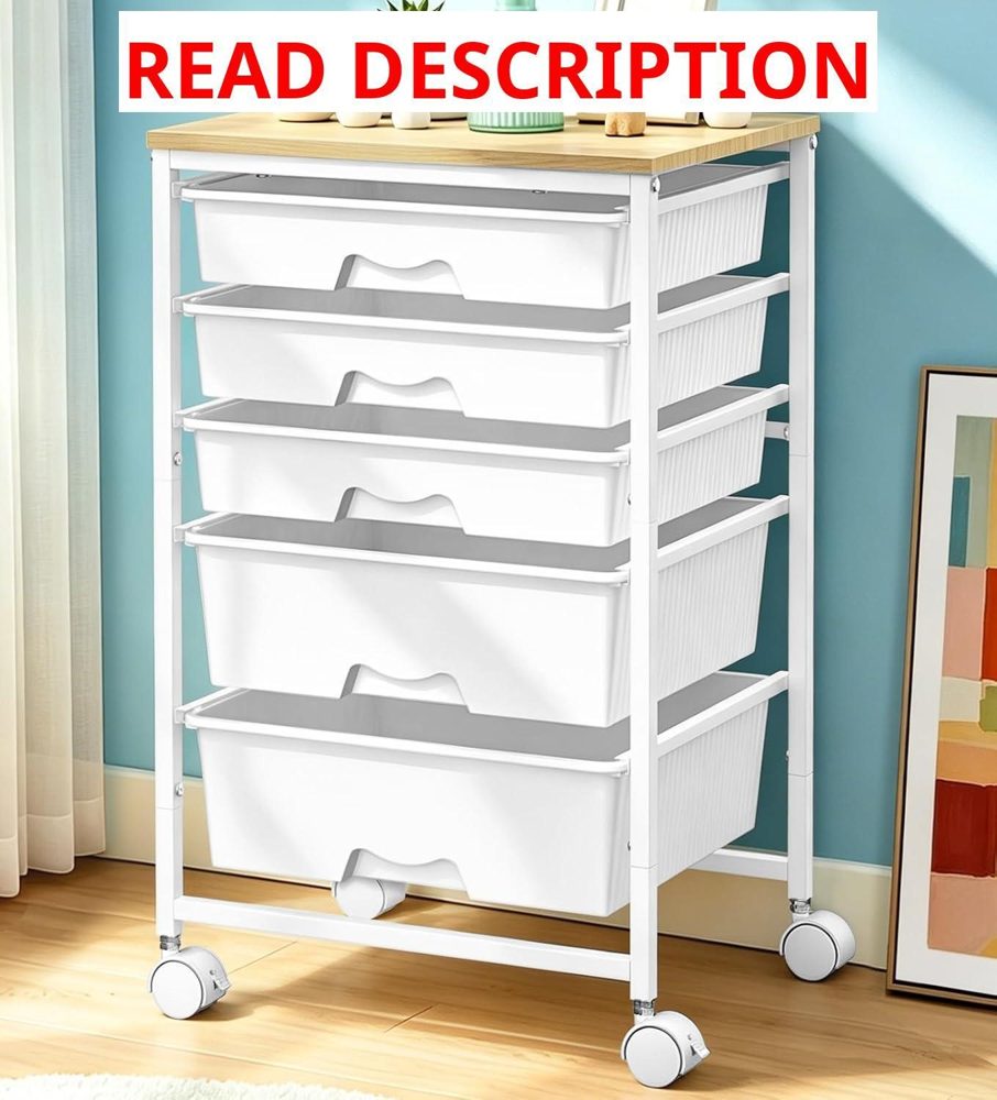 SUNALLY 5-Drawer Rolling Cart White Storage