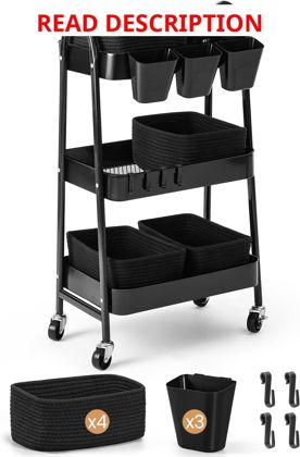 3-Tier Rolling Cart with 4 Baskets Black