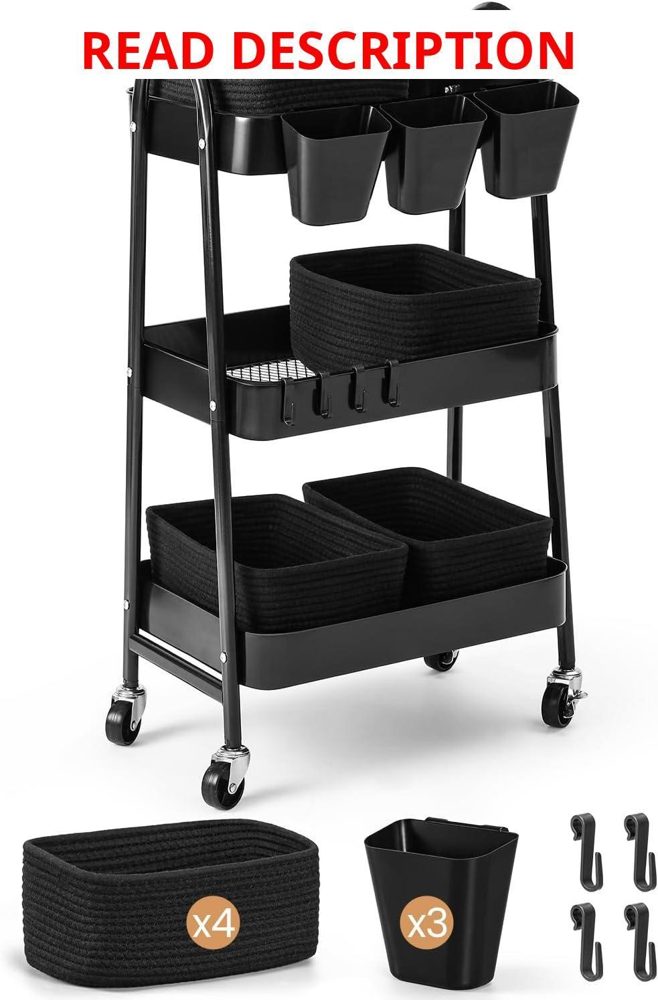 3-Tier Rolling Cart with 4 Baskets Black