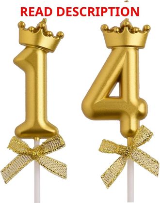 14 Birthday Candle Gold Crown 14 Bowknot Topper