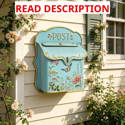 Vintage Floral Wall Mailbox Blue & Gold Trim