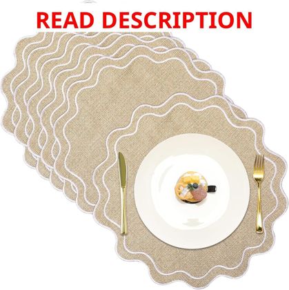6 Round Linen Placemats Wavy Embroidery 15"