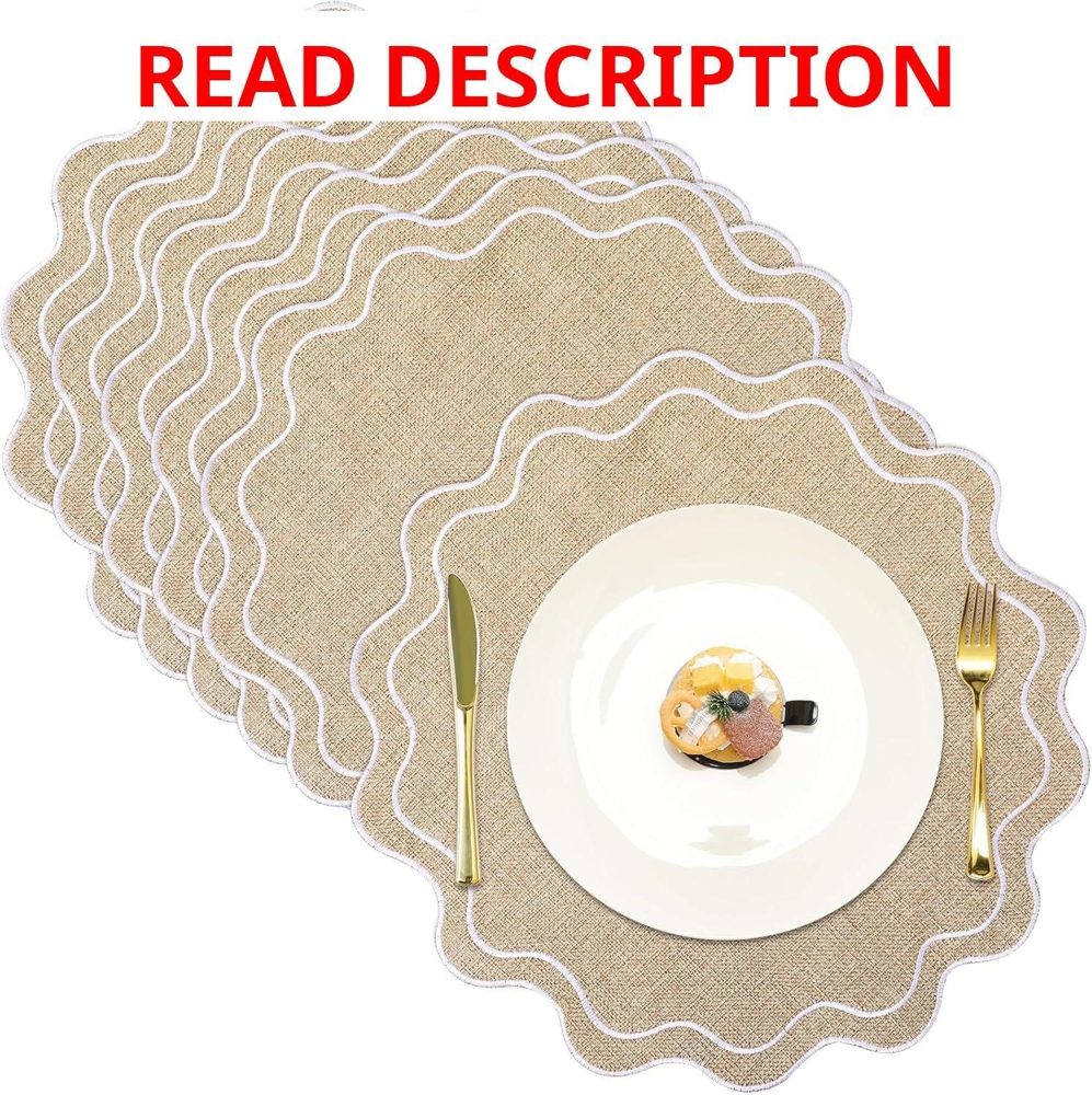 6 Round Linen Placemats Wavy Embroidery 15"