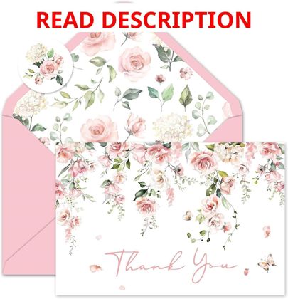 Whaline 50 Pack Pink Flower Thank You Cards