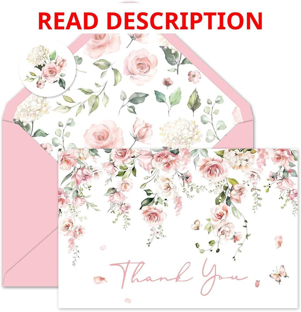 Whaline 50 Pack Pink Flower Thank You Cards