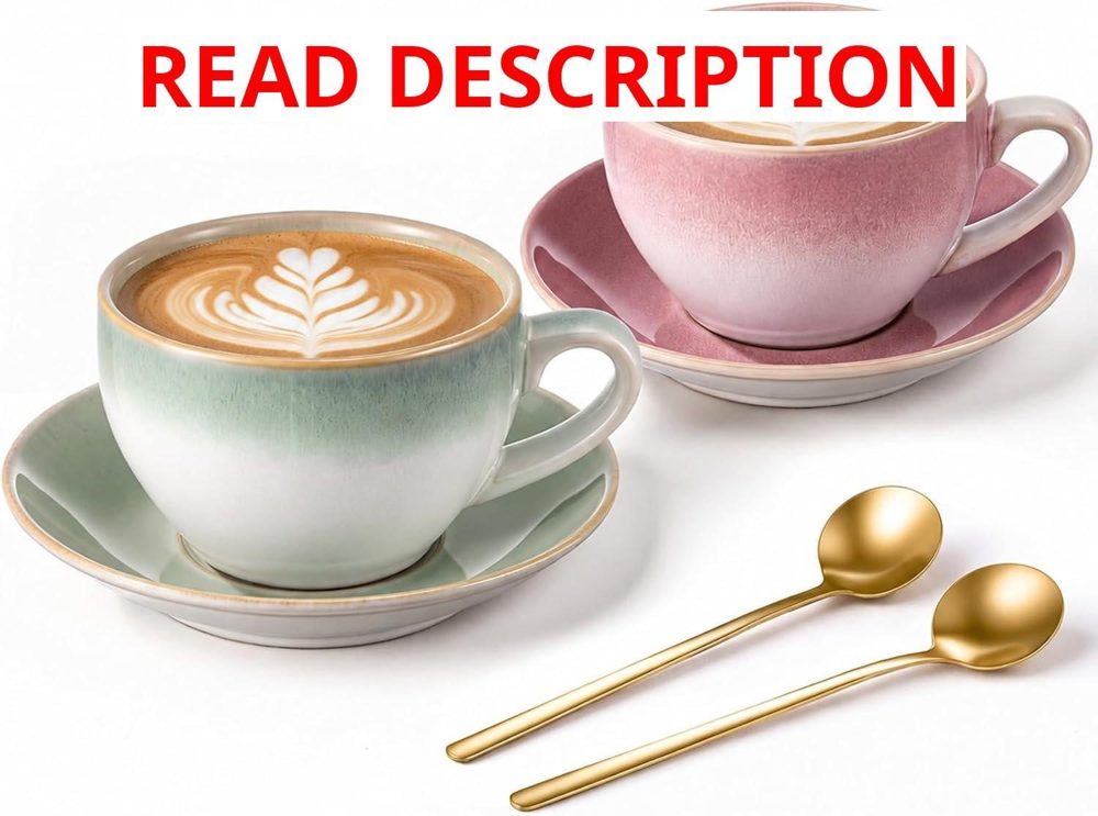 11oz Latte Art Ceramic Cups & Saucers Set of 2