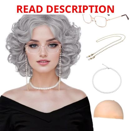 Old Lady Wigs for Women Grey Wig 5pc Set